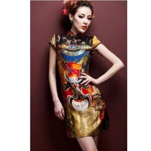 Cap Sleeve Lace Neck Silk Blend Qipao Chinese Dress size M